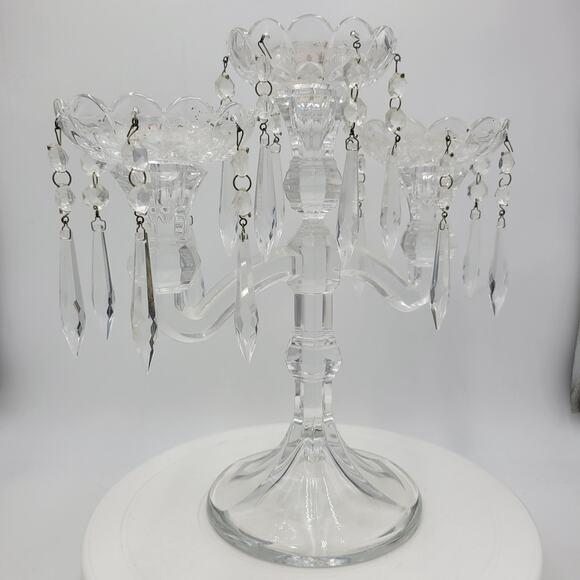 VINTAGE 3 Candle Crystal‎ Candelabra 11" Tall Bohemian Pendant Drops Fluted Base - Picture 1 of 16